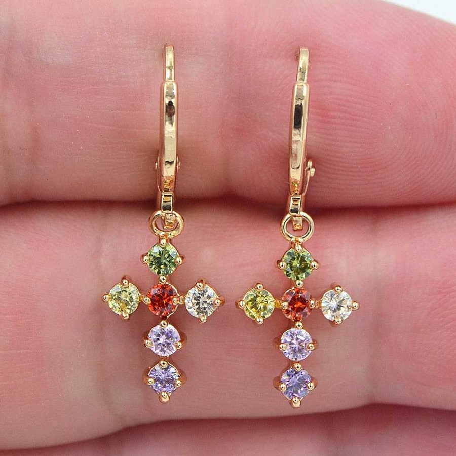 Style De Boucle D'Oreille Les bijoux en acier | Boucles D'Oreilles Croix Pendantes En Zircon Cubique Color