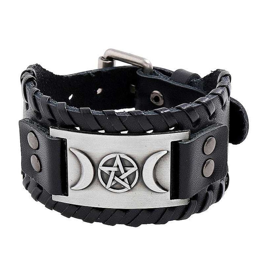 Styles De Bracelets Les bijoux en acier | Bracelet De Force Viking En Cuir Symbole Lune Et Toile