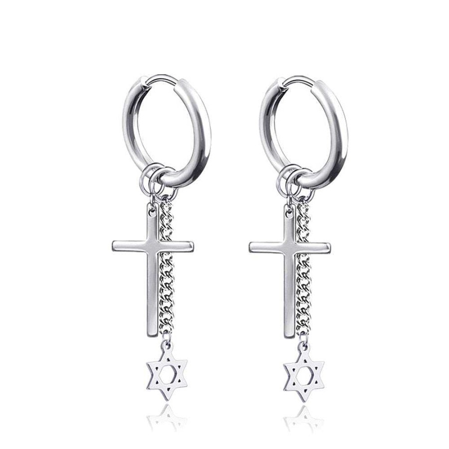 Style De Boucle D'Oreille Les bijoux en acier | Boucles D'Oreilles Acier Croix Et Toile De David Inoxydable