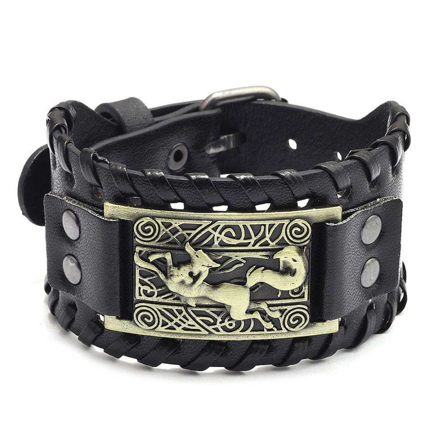 Styles De Bracelets Les bijoux en acier | Bracelet De Force Viking En Cuir Symbole Loup Qui Court