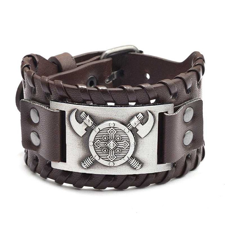 Styles De Bracelets Les bijoux en acier | Bracelet De Force Viking En Cuir Symbole Bouclier Et P E