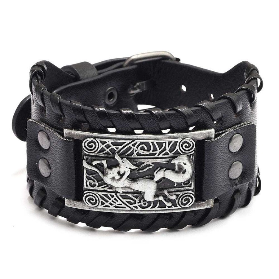 Styles De Bracelets Les bijoux en acier | Bracelet De Force Viking En Cuir Symbole Loup Qui Court