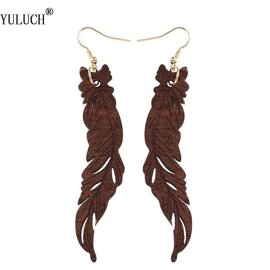 Style De Boucle D'Oreille Les bijoux en acier | Boucle D'Oreille Plume En Bois Naturel