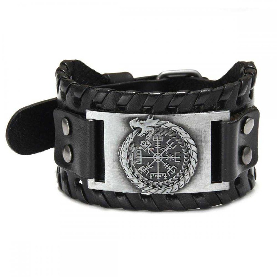 Styles De Bracelets Les bijoux en acier | Bracelet De Force Viking En Cuir Symbole Dragon Tournoyant