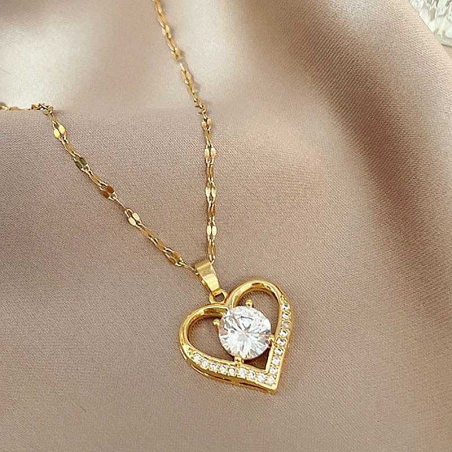 Style De Collier Les bijoux en acier | Collier Coeur Dor Et Diamant